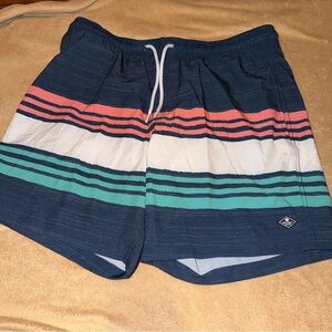 Men's Striped Swim Trunks - Navy with Coral, White & Teal - SPERRY Size XL